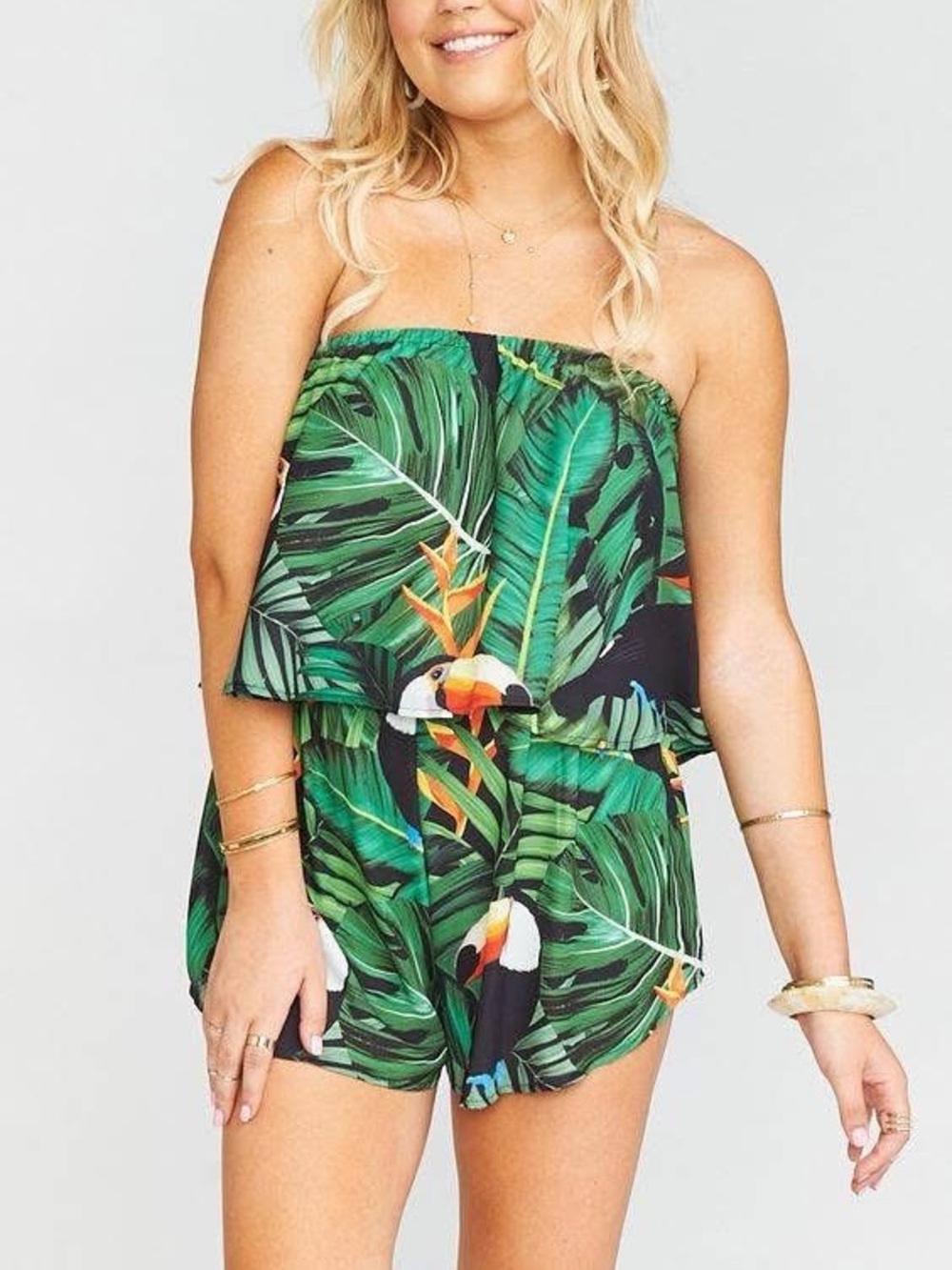 Show Me your MuMu Thelma Romper in Toucan Moucan Tropical Strapless Size Small